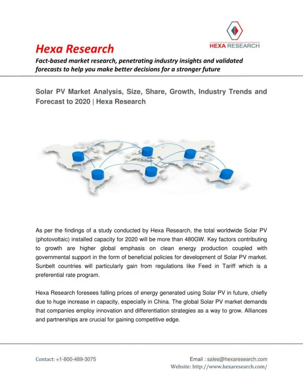 Solar PV Market Share, Size, Growth, Industry Report and Forecast to 2020 | Hexa Research