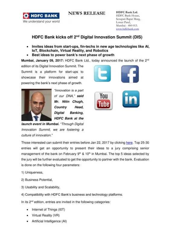 HDFC Bank kicks off 2nd Digital Innovation Summit (DIS) on February 9th & 10th in Mumbai.