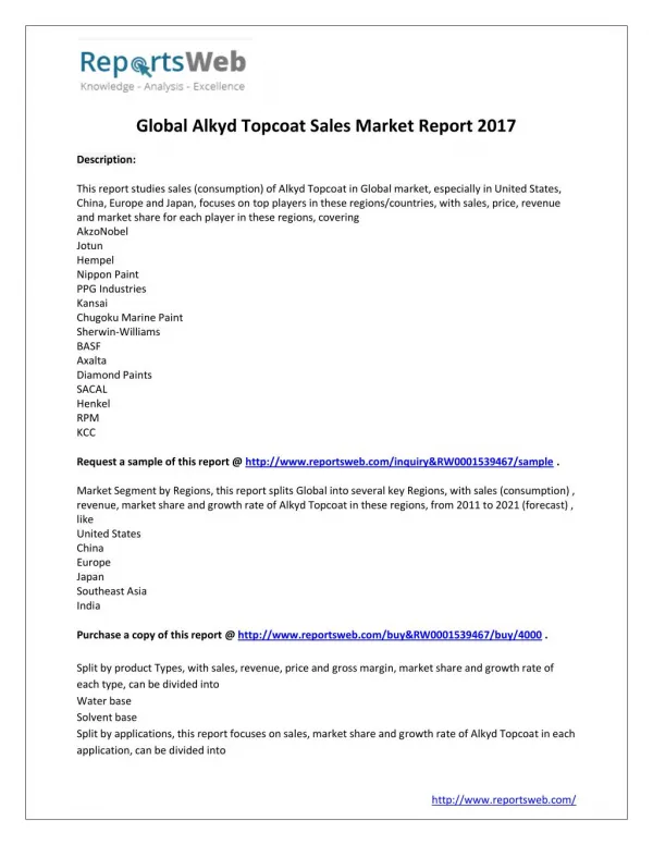 Global Alkyd Topcoat Sales Industry Size and Share Study