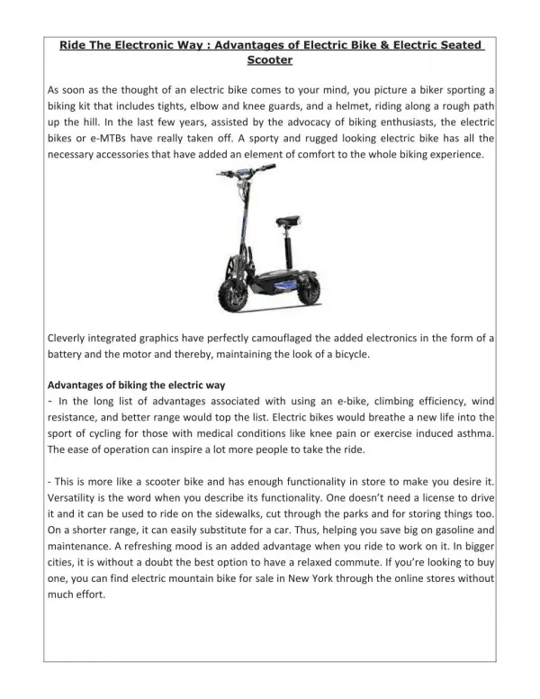 Ride The Electronic Way : Advantages of Electric Bike & Electric Seated Scooter