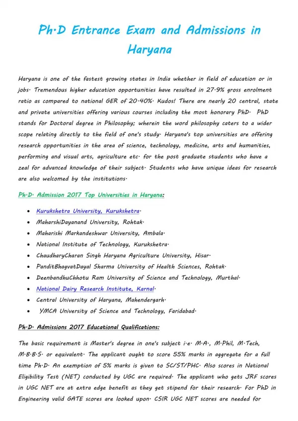 Ph.D Entrance Exam and Admissions in Haryana