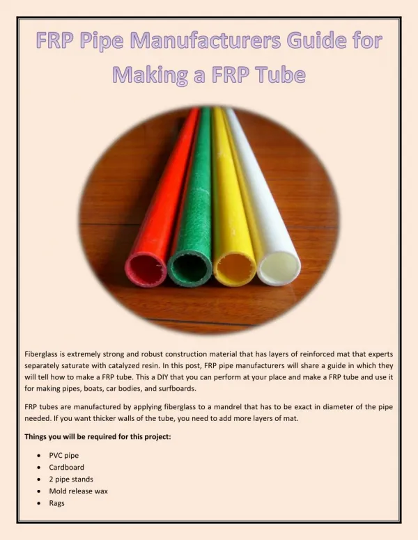 FRP Pipe Manufacturers Guide for Making a FRP Tube