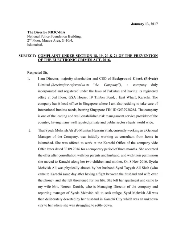 FIA Complaint for Cyber Crime and Evidence Dossier against Syed Tayyab Ali Shah and Lt. Col Saqib Mumtaz