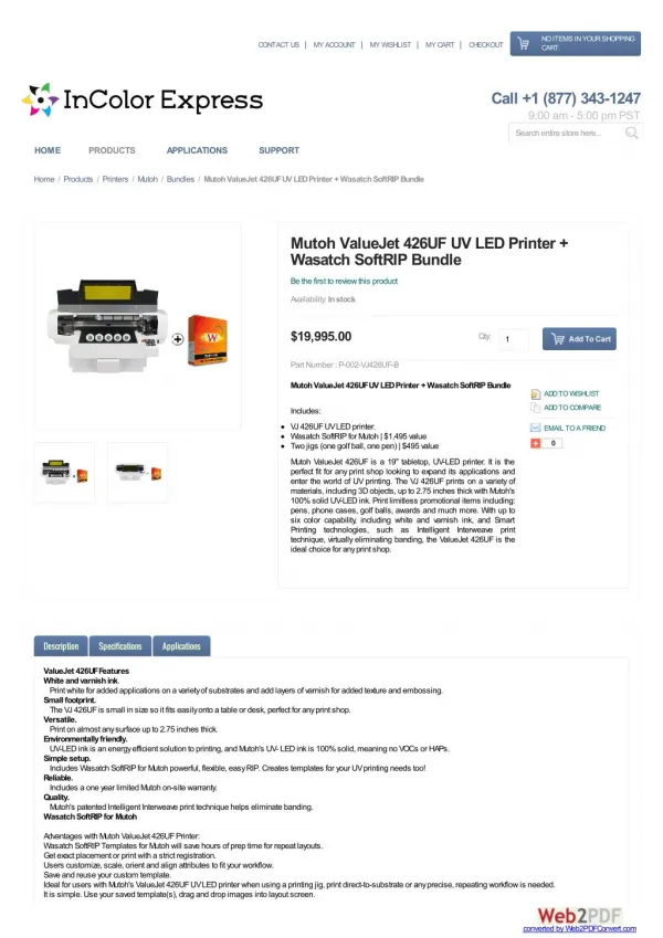 Mutoh ValueJet 426UF UV LED Printer Wasatch SoftRIP Bundle