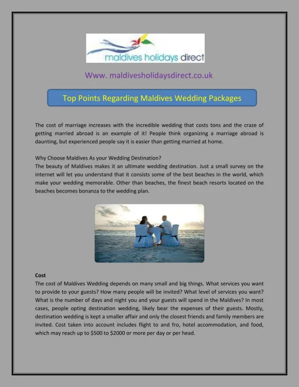 Top Points Regarding Maldives Wedding Packages