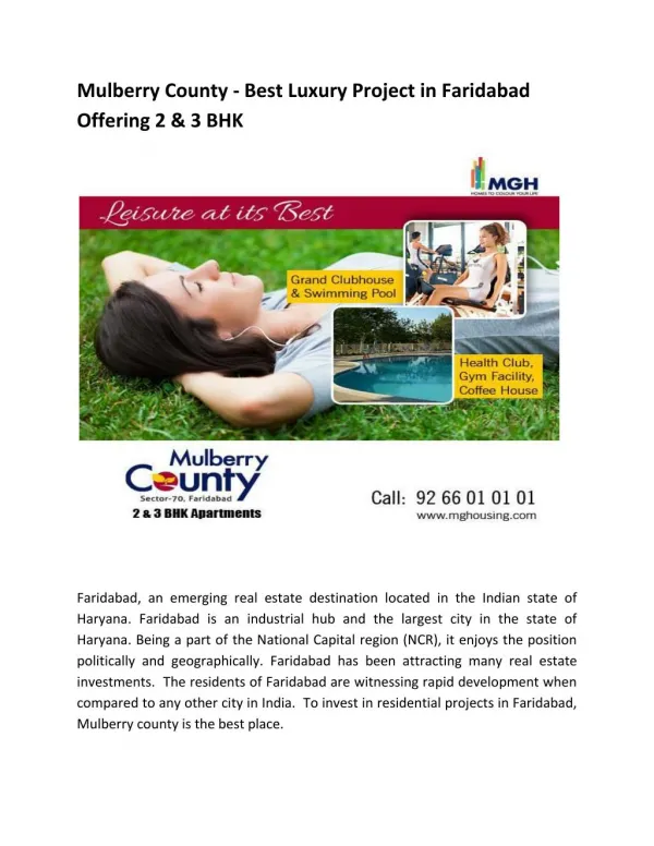 Mulberry County - Best Luxury Project in Faridabad offering 2 and 3 BHK