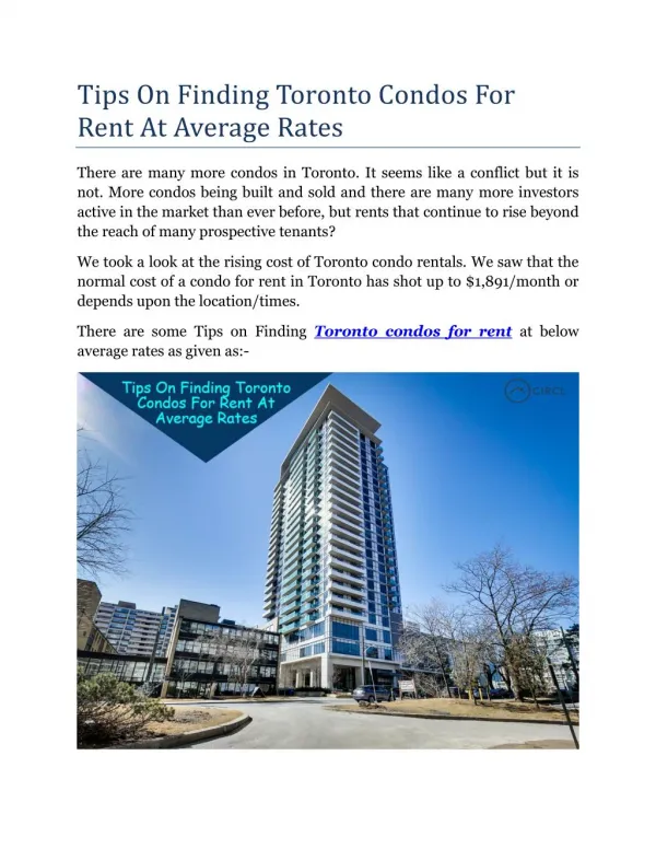 Tips on Finding Toronto Condos for Rent at Average Rates