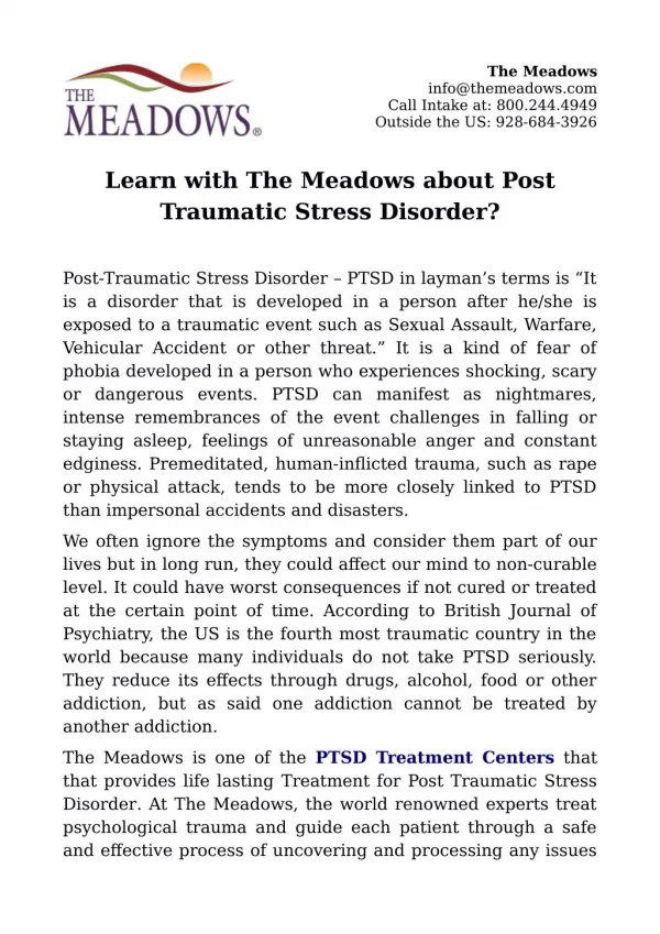 Learn with The Meadows about Post Traumatic Stress Disorder?