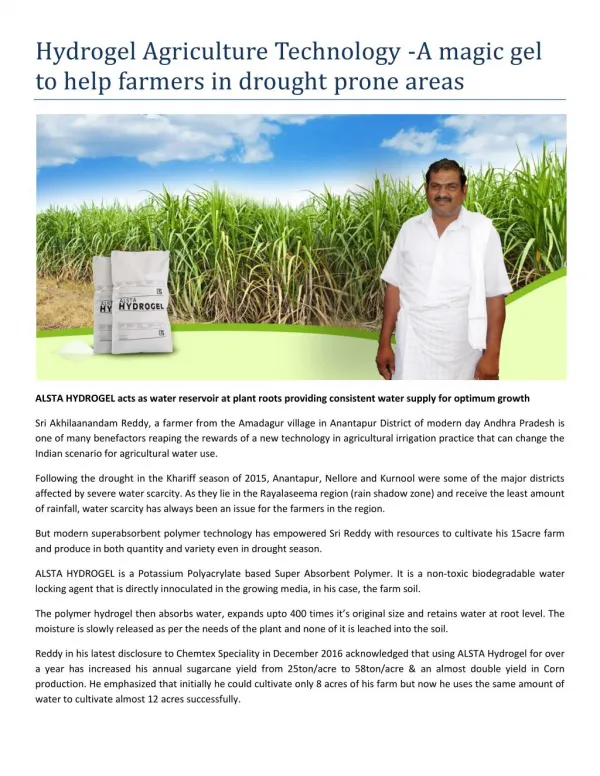 Hydrogel Agriculture Technology - A magic gel to help farmers in drought prone areas