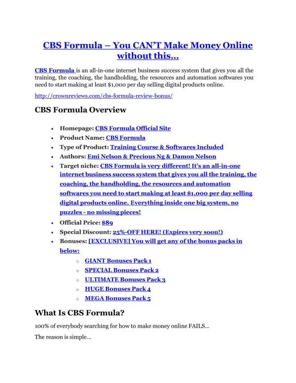 CBS Formula Review and CBS Formula (EXCLUSIVE) bonuses pack
