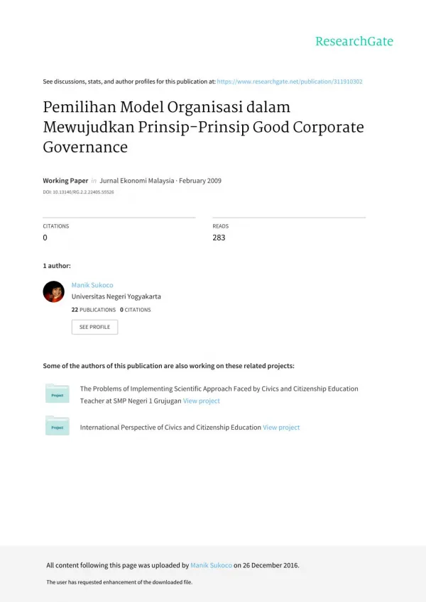 Pemilihan Model Organisasi dalam Mewujudkan Prinsip-prinsip Good Corporate Governance