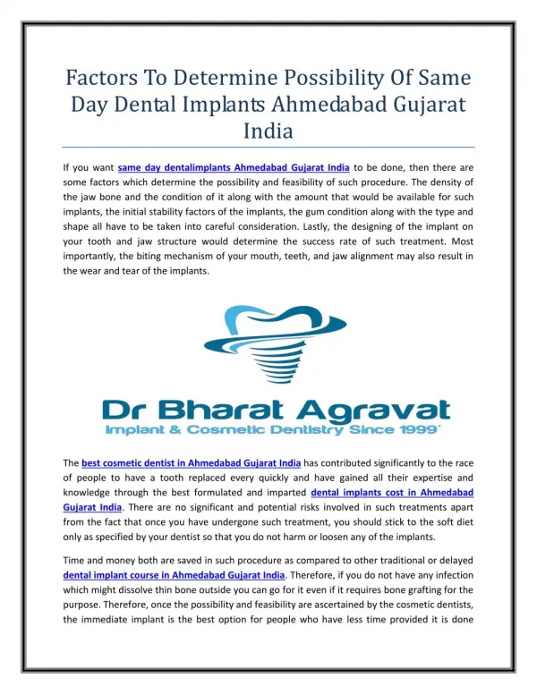 Factors To Determine Possibility Of Same Day Dental Implants Ahmedabad Gujarat India