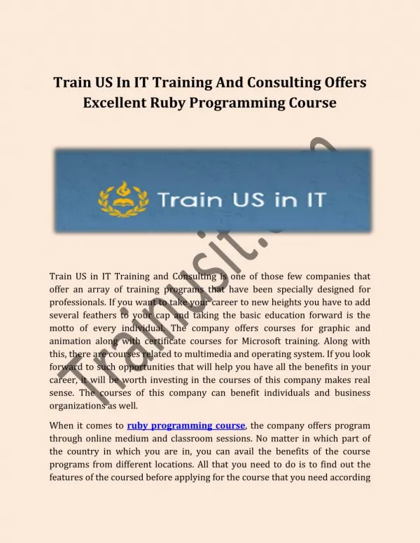 Train US In IT Training And Consulting Offers Excellent Ruby Programming Course