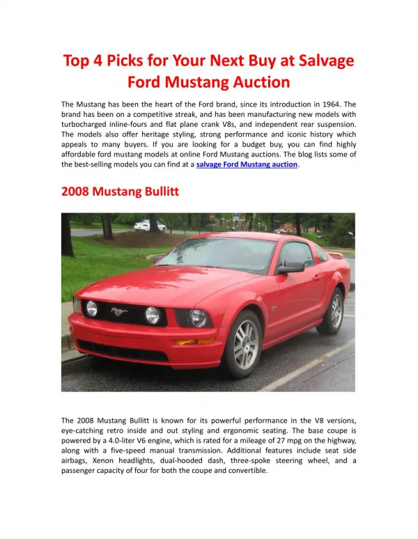 Top 4 Picks for Your Next Buy at Salvage Ford Mustang Auction