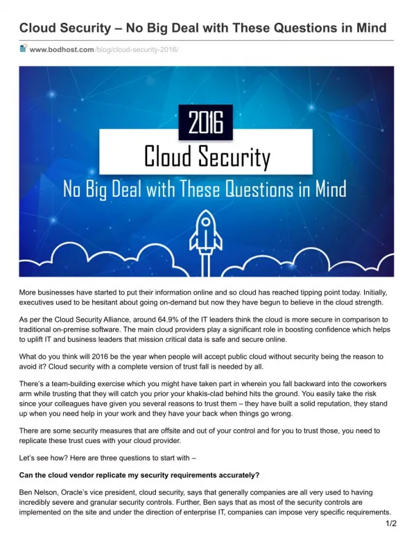 Cloud Security – No Big Deal with These Questions in Mind