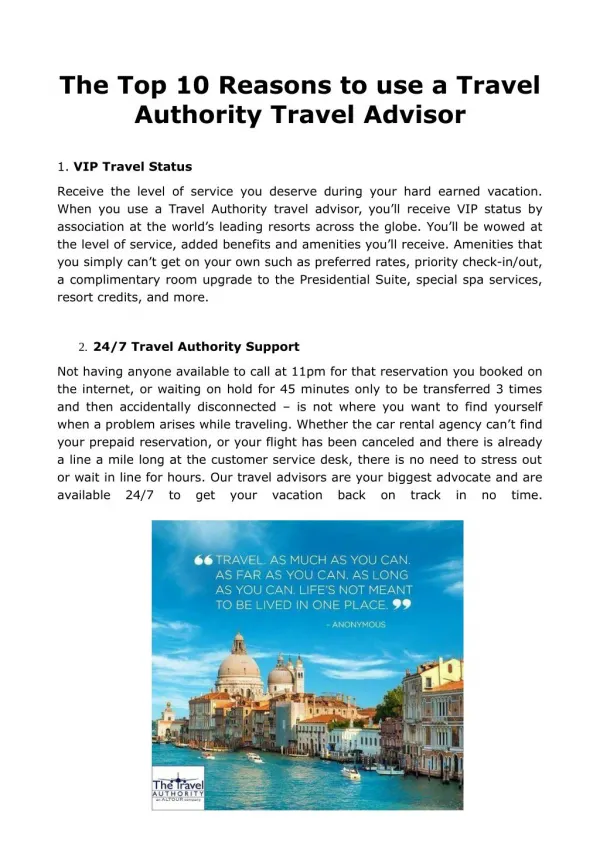 The Top 10 Reasons to use a Travel Authority Travel Advisor
