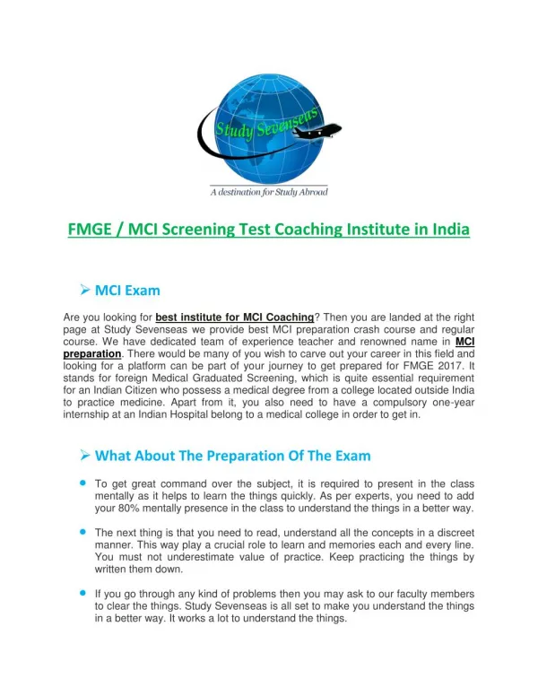 FMGE / MCI Screening Test Coaching Institute in India - Study Sevenseas