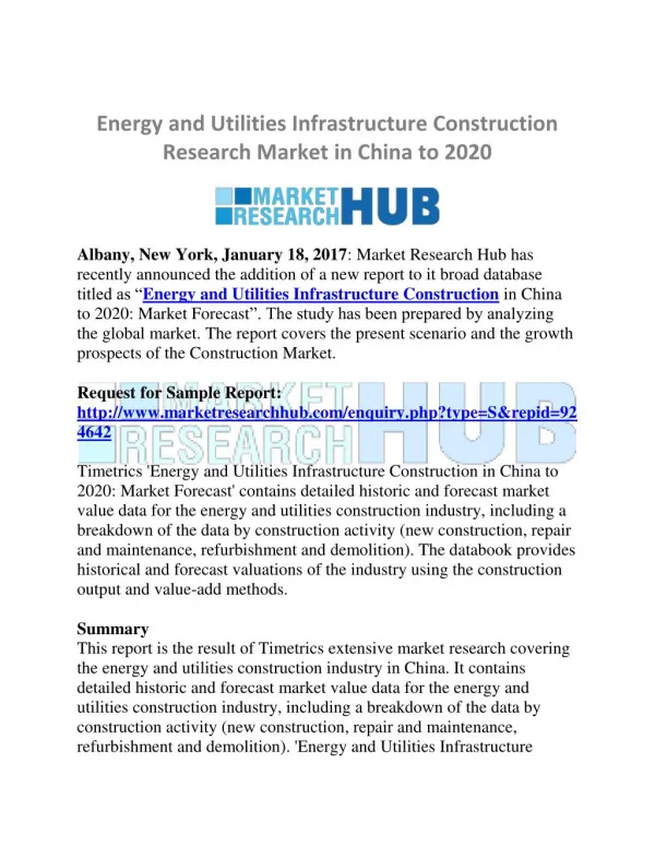 China Energy and Utilities Infrastructure Construction Research Market 2020
