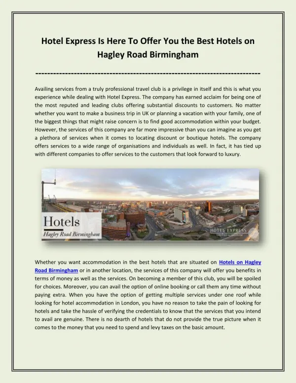 Hotel Express Is Here To Offer You the Best Hotels on Hagley Road Birmingham
