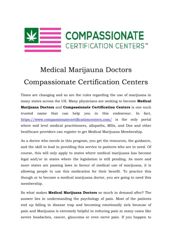 Medical Marijuana Doctors Compassionate Certification Centers
