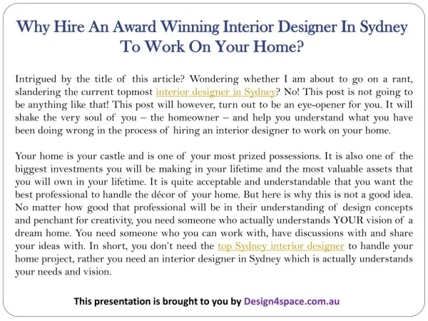 Why Hire An Award Winning Interior Designer In Sydney To Work On Your Home?