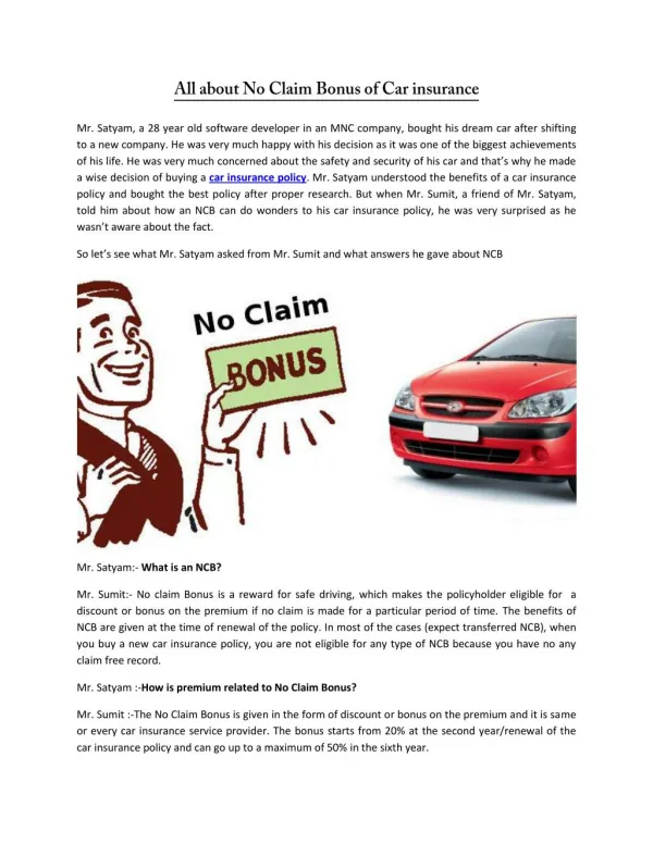 All About No Claim Bonus of Car Insurance