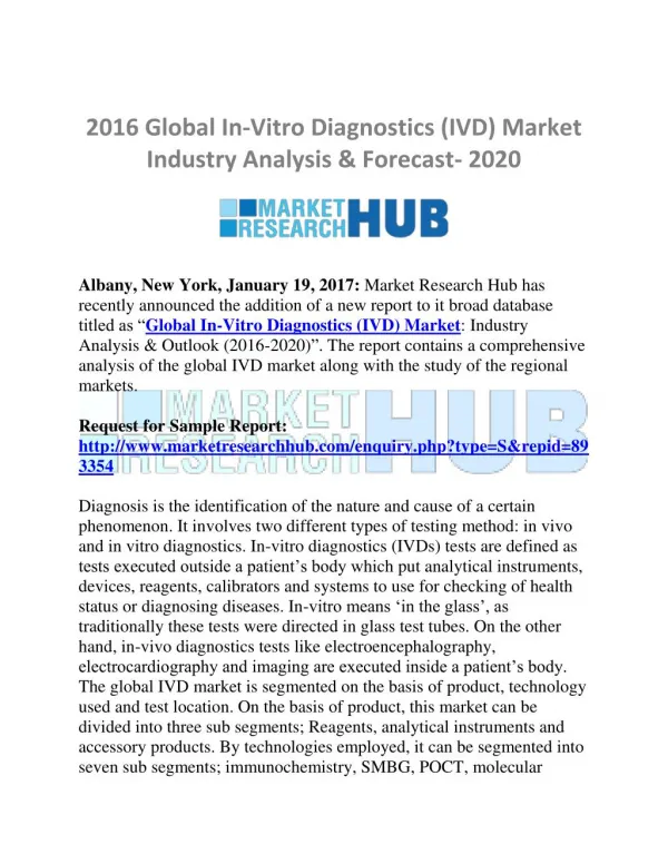 Global In-Vitro Diagnostics (IVD) Market Industry Analysis & Forecast Report- 2020