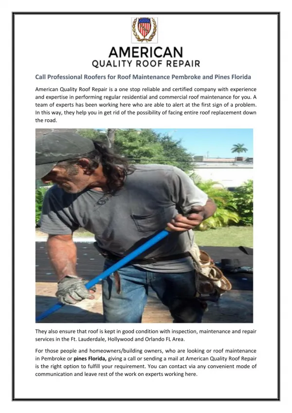 Call Professional Roofers for Roof Maintenance Pembroke and Pines Florida