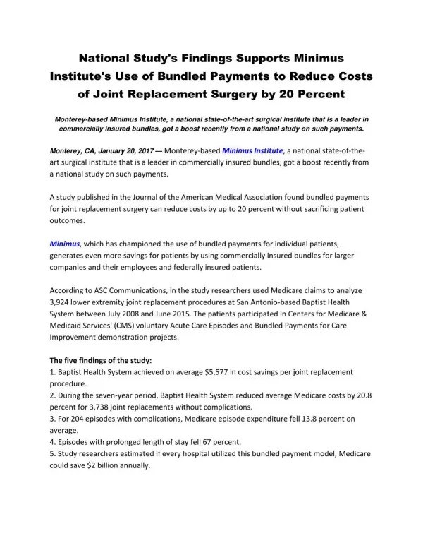 National Study's Findings Supports Minimus Institute's Use of Bundled Payments to Reduce Costs of Joint Replacement Surg