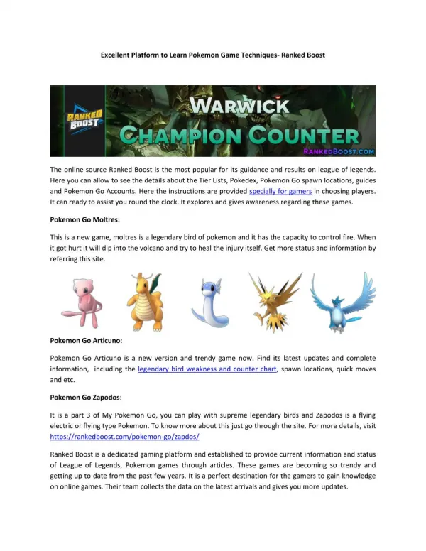 Excellent Platform to Learn Pokemon Game Techniques-Ranked Boost