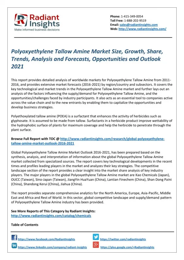 Polyoxyethylene Tallow Amine Market Analysis and Outlook 2021 by Radiant Insights