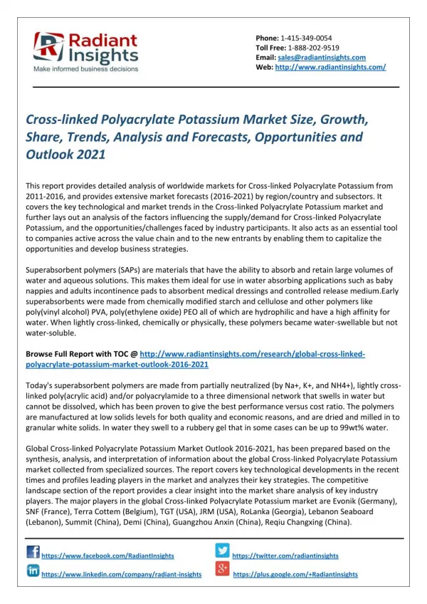 Cross-linked Polyacrylate Potassium Market Forecasts and Outlook 2021 by Radiant Insights