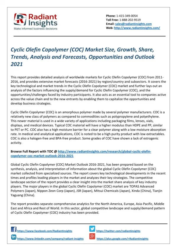 Cyclic Olefin Copolymer (COC) Market Share and Trends Report 2021 by Radiant Insights