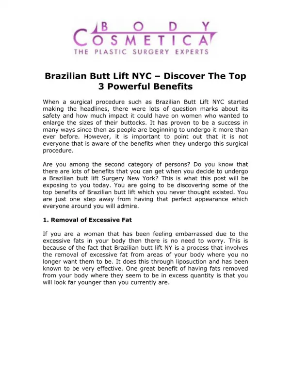 Brazilian Butt Lift NYC - Discover The Top 3 Powerful Benefits