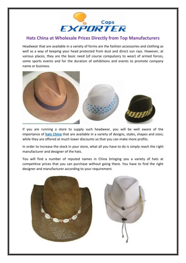 Hats China at Wholesale Prices Directly from Top Manufacturers
