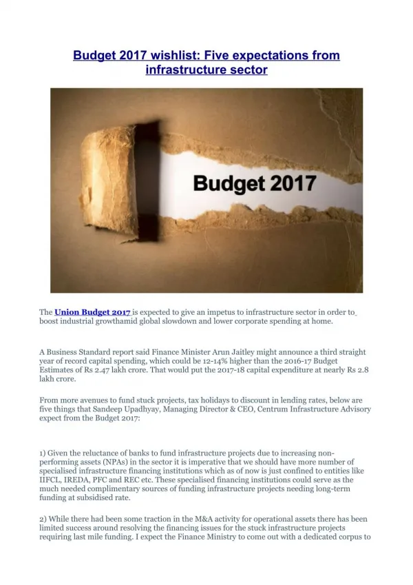 Budget 2017 wishlist: Five expectations from infrastructure sector