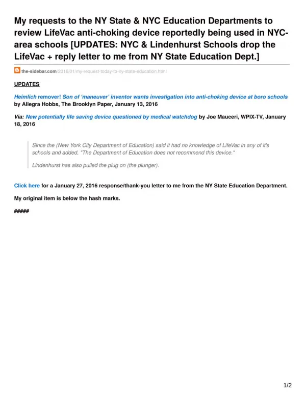 LifeVac Review-My requests to the NY State amp NYC Education Departments to review LifeVac anti-choking Device
