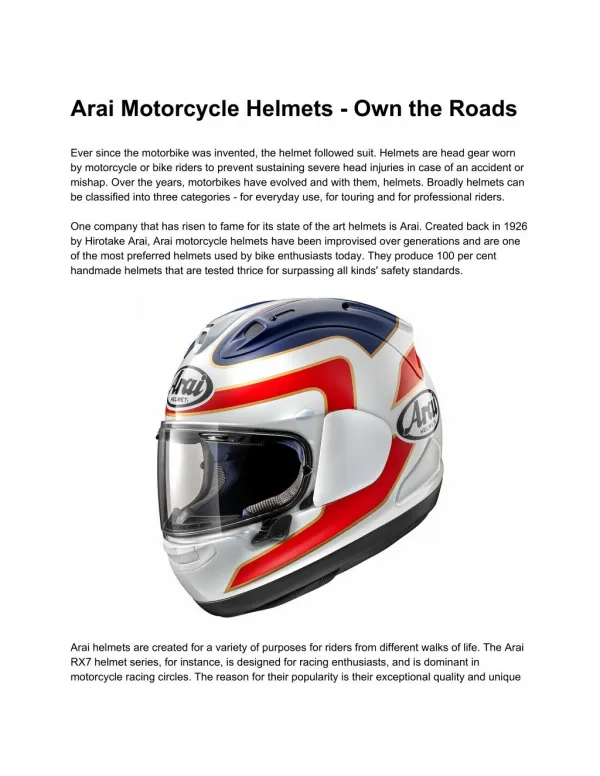 Arai Motorcycle Helmets - Own the Roads