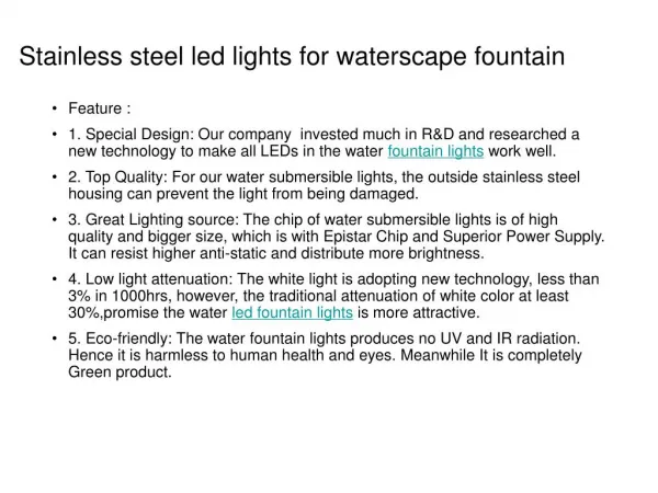 Stainless steel led lights for waterscape fountain