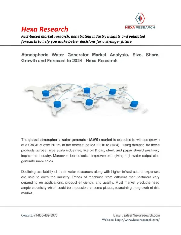 Atmospheric Water Generator Market Size, Share, Analysis Report, 2024 | Hexa Research