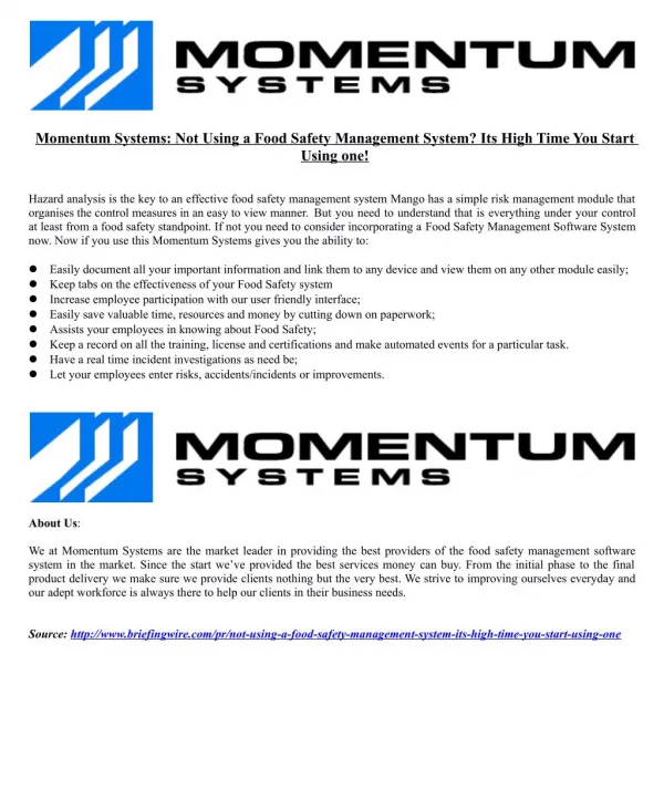 Momentum Systems: Not Using a Food Safety Management System? Its High Time You Start Using one!
