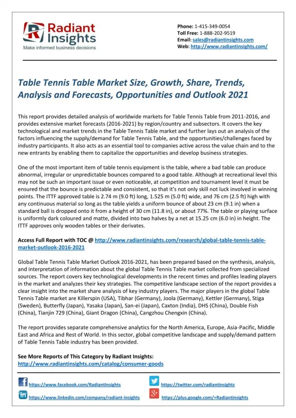 Table Tennis Table Market Share and Outlook 2021 by Radiant Insights