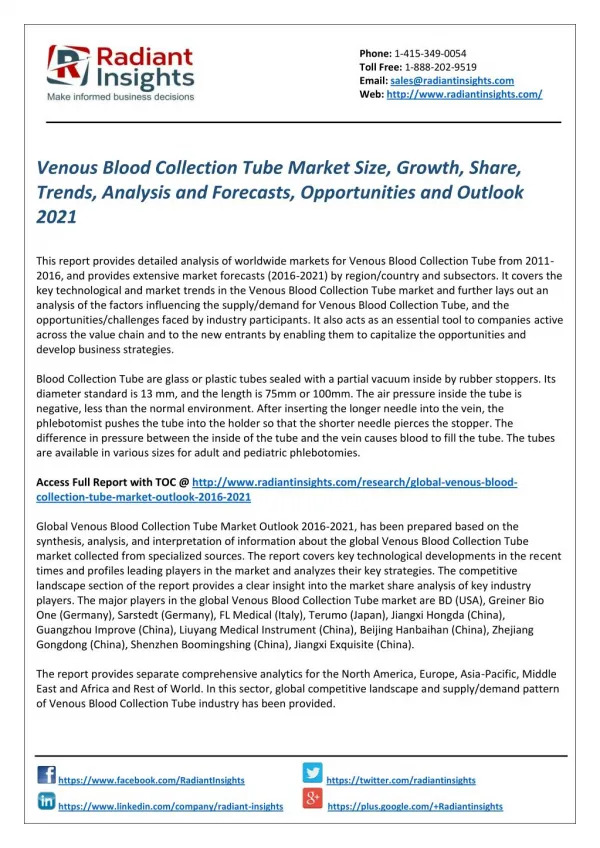 Venous Blood Collection Tube Market Analysis, Trends and Forecasts 2021 by Radiant Insights