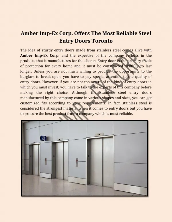 Amber Imp-Ex Corp. Offers The Most Reliable Steel Entry Doors Toronto