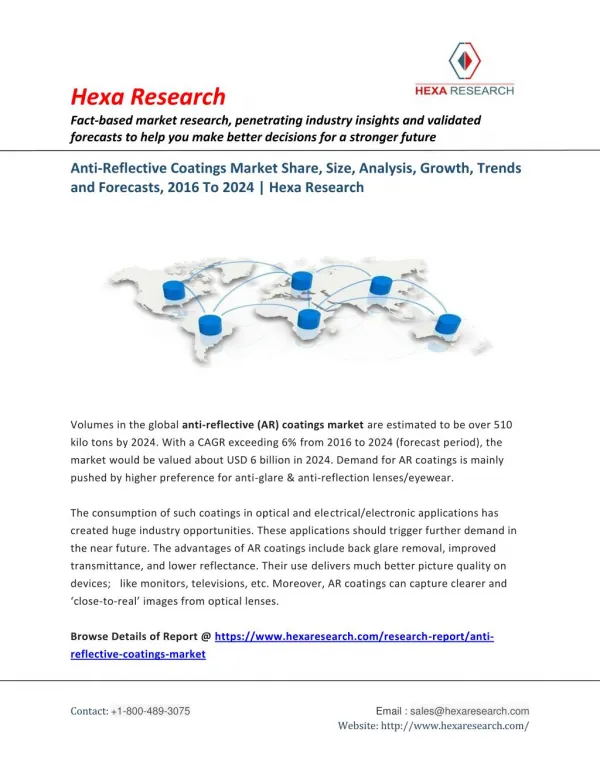 Anti-Reflective Coatings Market to be Worth USD 6 Billion by 2024 - Hexa Research