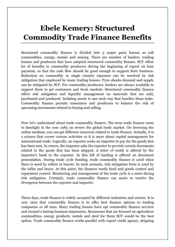 Ebele Kemery: Structured Commodity Trade Finance Benefits