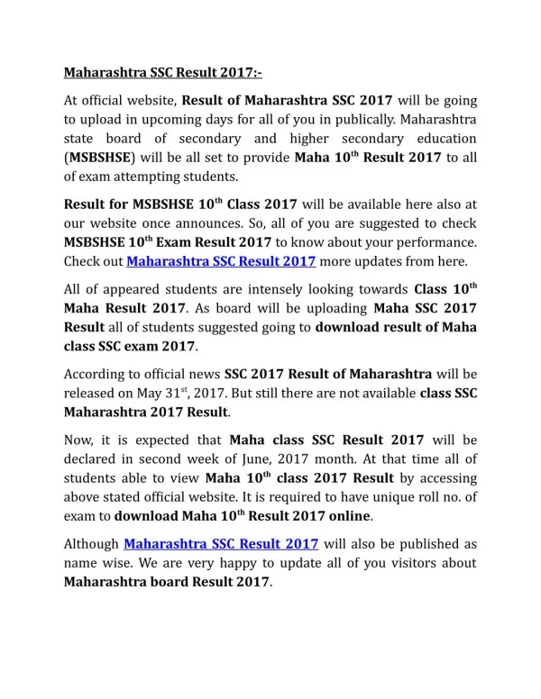 Maharashtra SSC Result 2017, Maha 10th Board Result