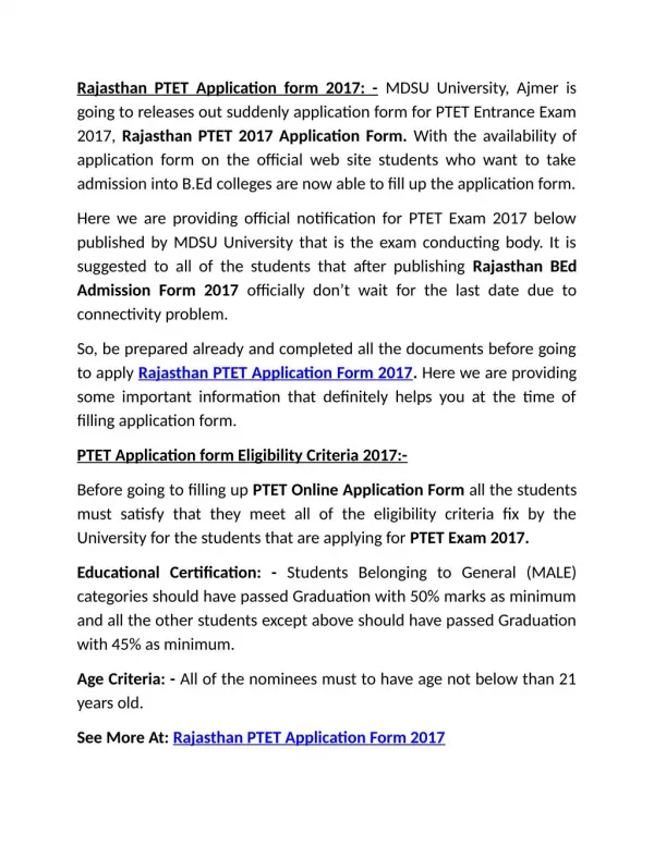 Rajasthan PTET Application Form 2017, MDSU BEd Admission Online