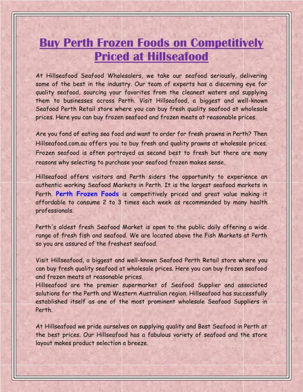 Buy Perth Frozen Foods on Competitively Priced at Hillseafood