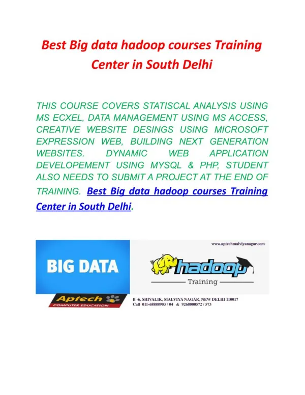 Best Big data hadoop courses Training Center in South Delhi